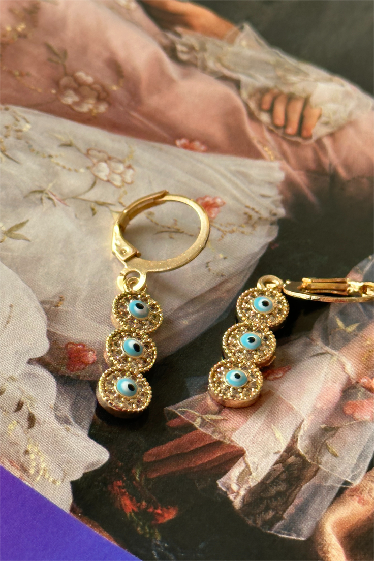 Turkuaz Mineli Üç Nazarlı Küpe