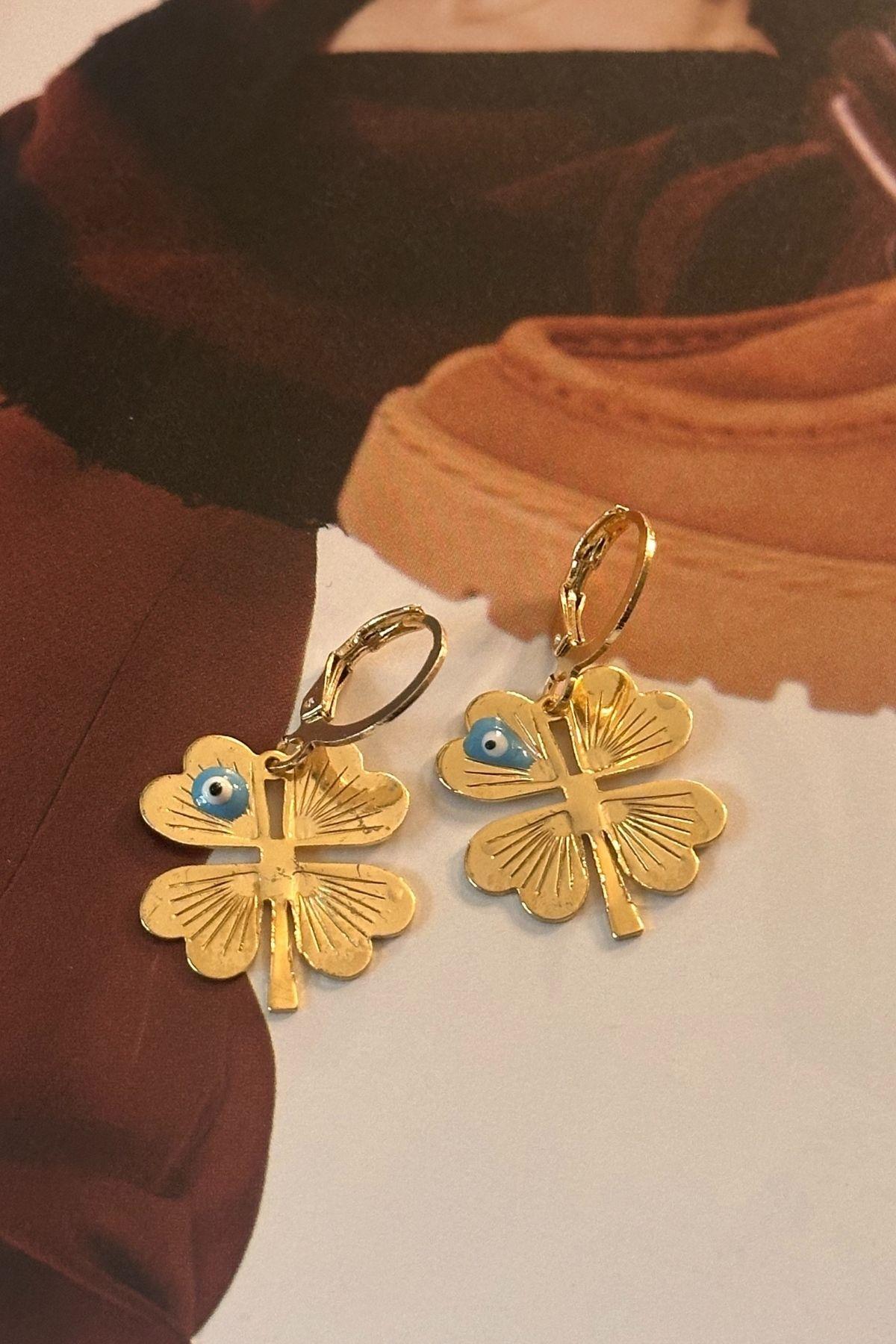 Turkuaz Mineli Yonca Küpe