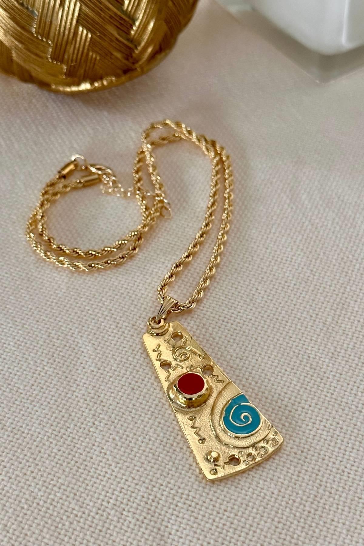 Turuncu Mavi Mine Detaylı Bohem Uçlu Burgu Zincirli Kolye