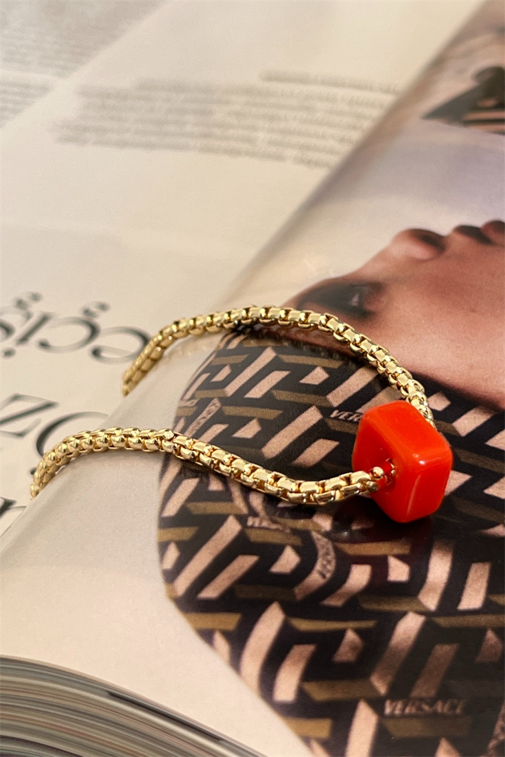 Turuncu Nostalji Boncuklu Yılan Zincirli Bileklik Gold