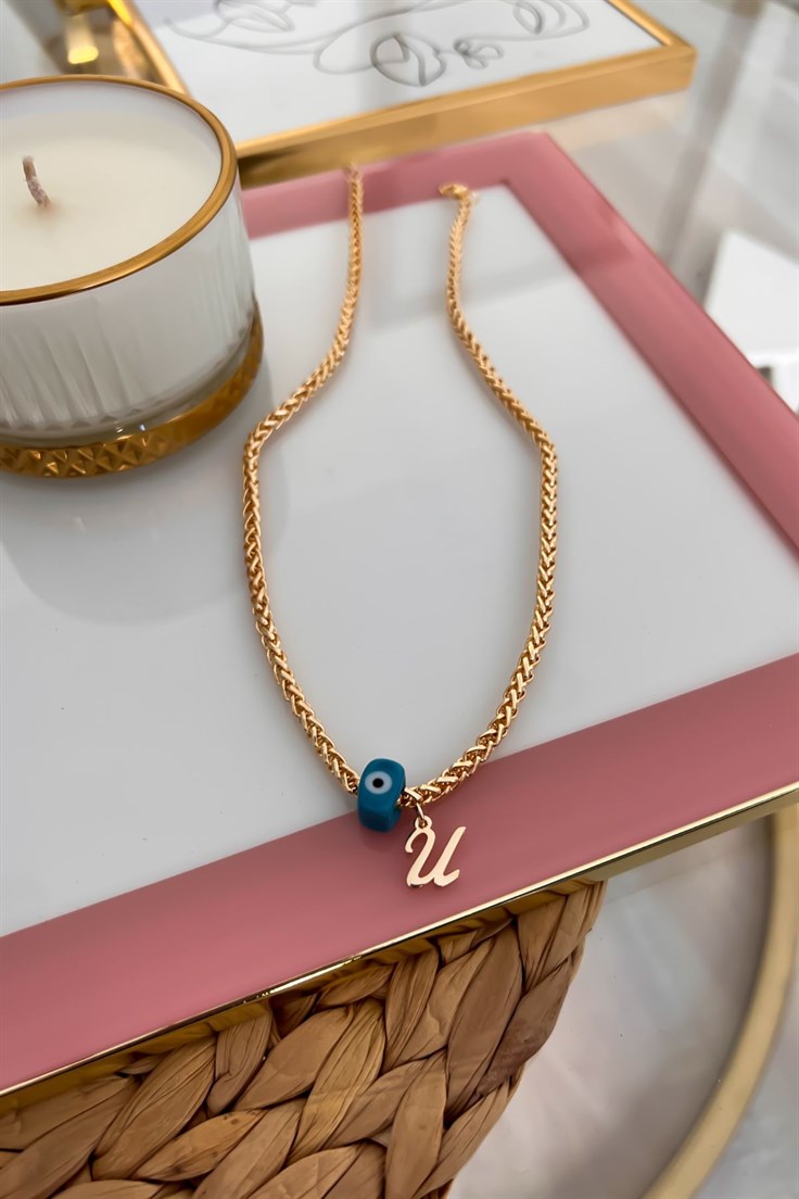 U Harfli ve Nazar Sallantılı Örme Zincirli Kolye Gold