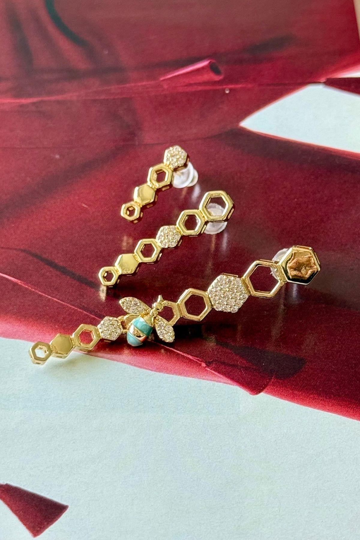 Üçlü Petek Model Arı Figürlü Set Küpe