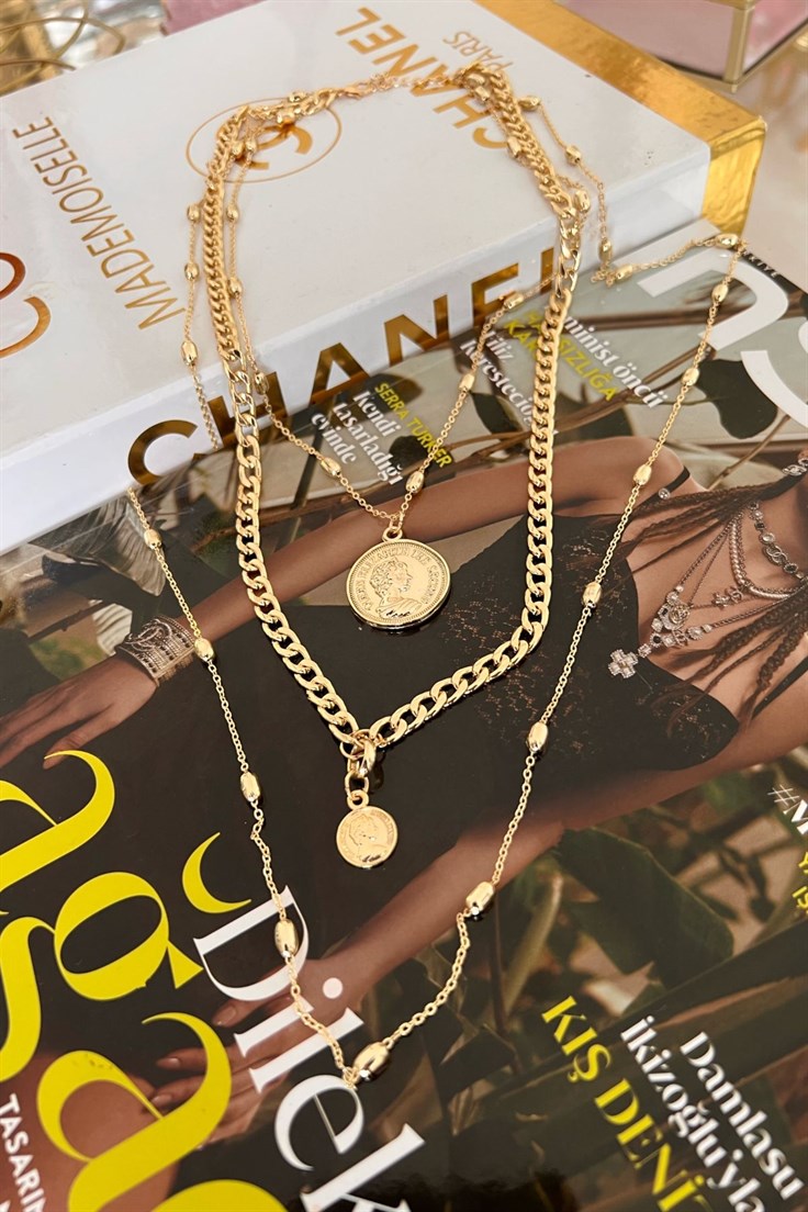 Üçlü Tek Madalyon Zincir Kolye Gold