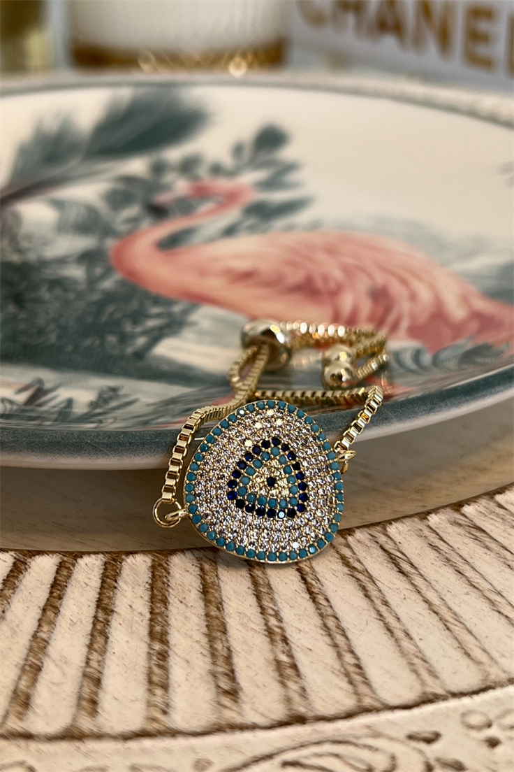 Vip Model Full Zirkon Taşlı Nazar Model Asansör Ayarlı Bileklik Gold