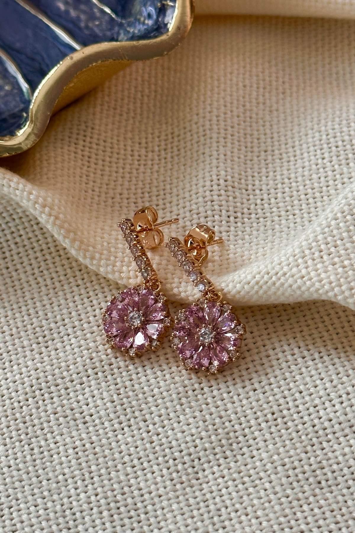 Vip Pembe Zirkon Taşlı Çiçek Model Küpe