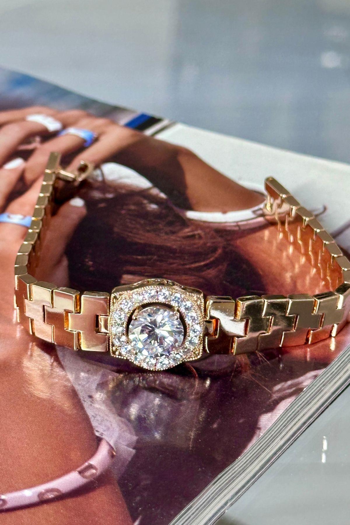 Vip Rosegold Zirkon Taşlı Tektaş Model Bileklik