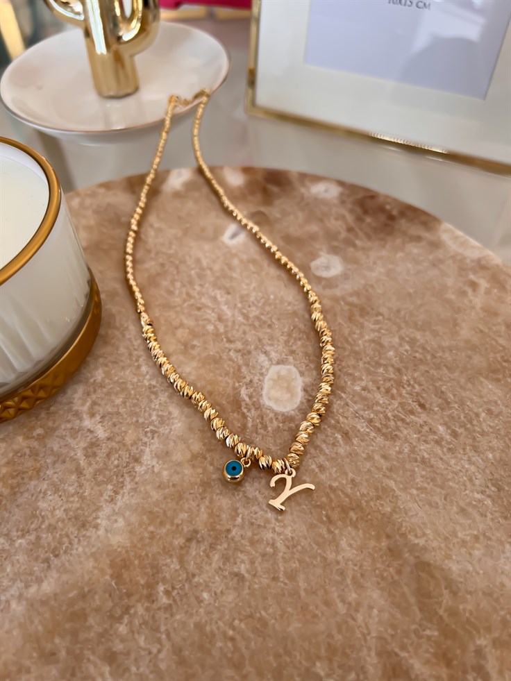 Y Harfli ve Nazar Detaylı Dorika Kolye Gold