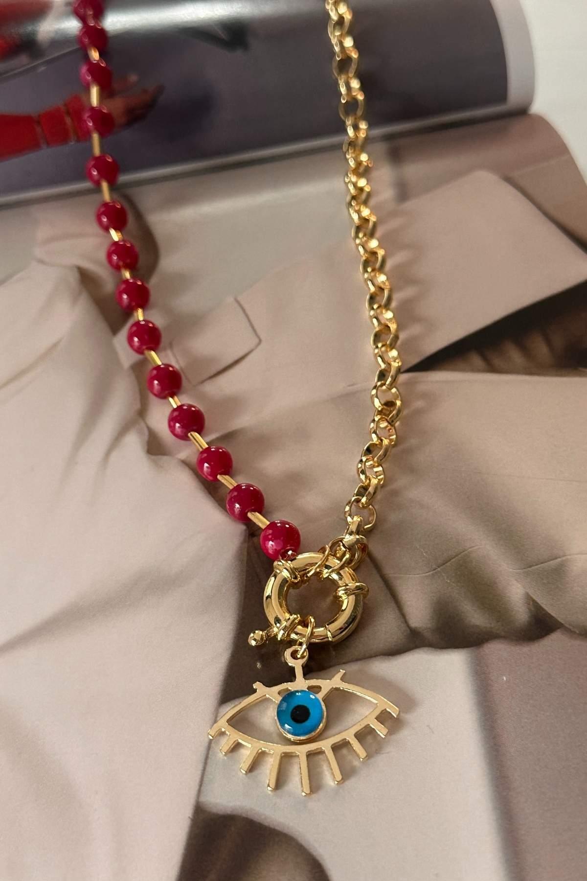 Yarısı Zincir Yarısı Kırmızı Boncuklu Göz Kolye