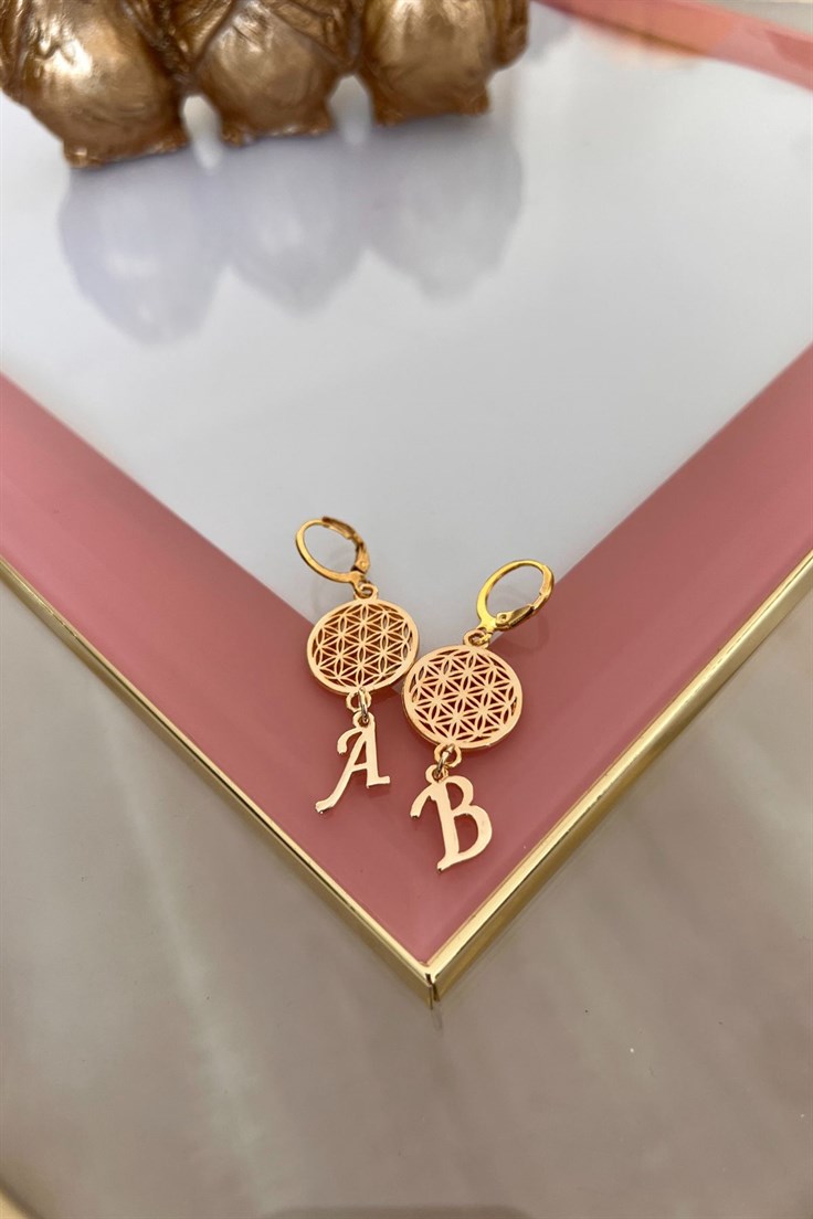 Yaşam Çiçeği Model Harfleri Seçilebilir Küpe Gold