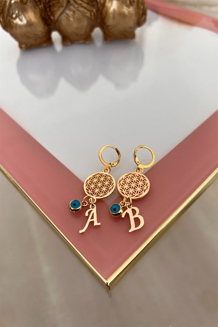 Yaşam Çiçeği Model Nazar Detaylı Harfleri Seçilebilir Küpe Gold