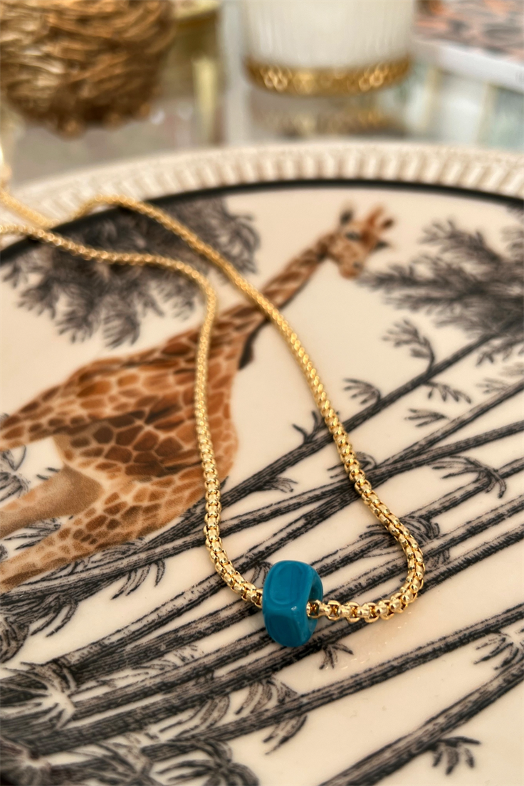 Yılan Zincir Model Nostalji Mavi Boncuklu Kuyumcu Model Kolye Gold