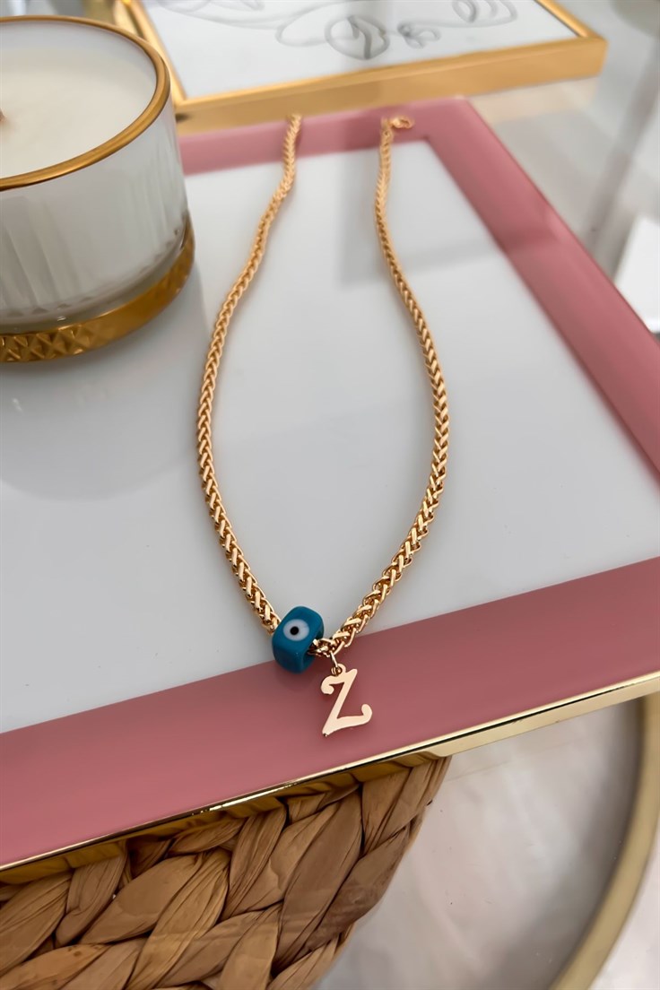 Z Harfli ve Nazar Sallantılı Örme Zincirli Kolye Gold