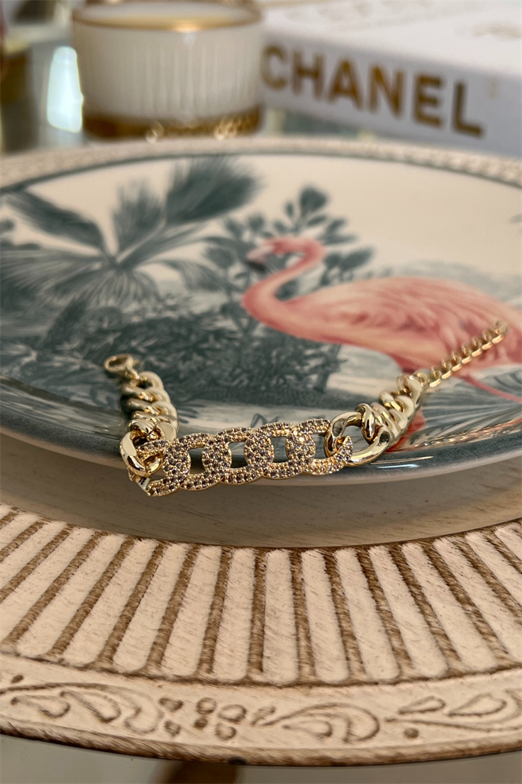 Zirkon Taşlı Zincir Bileklik Gold