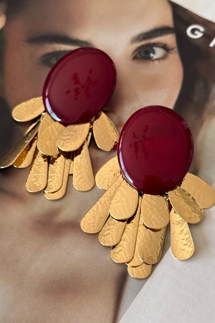 Bordo Renk Gold Sallantılı Küpe