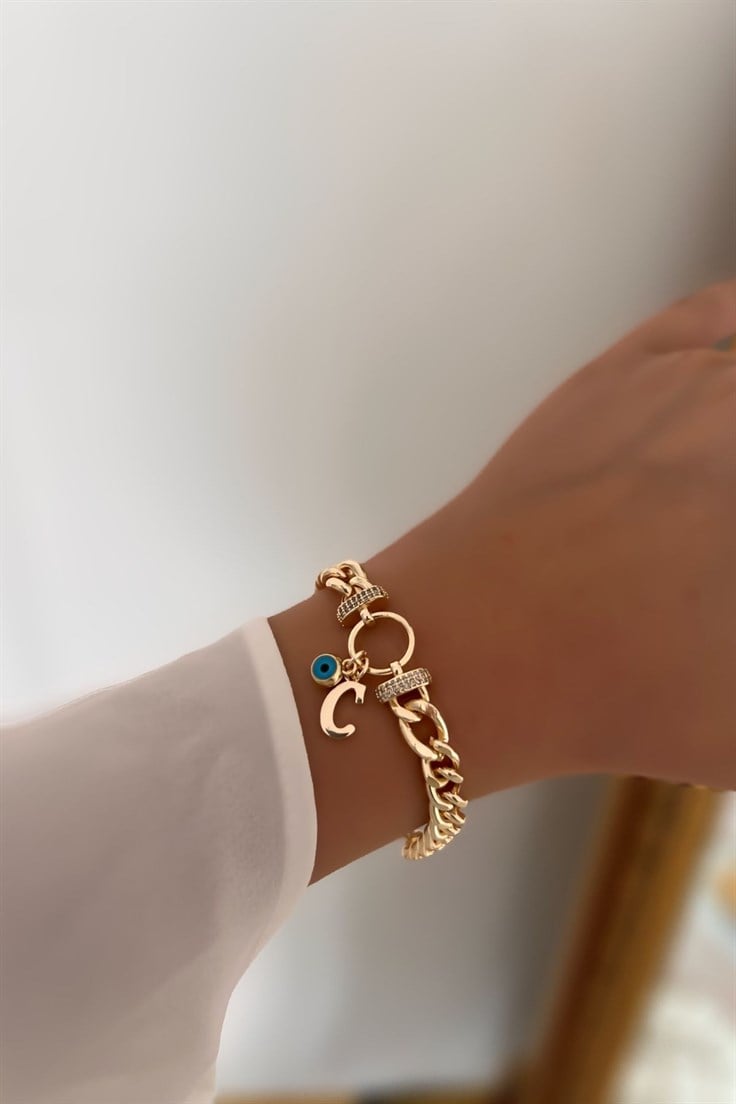 C Harfli ve Nazar Sallantılı Zirkon Taşlı Halka Bileklik Gold