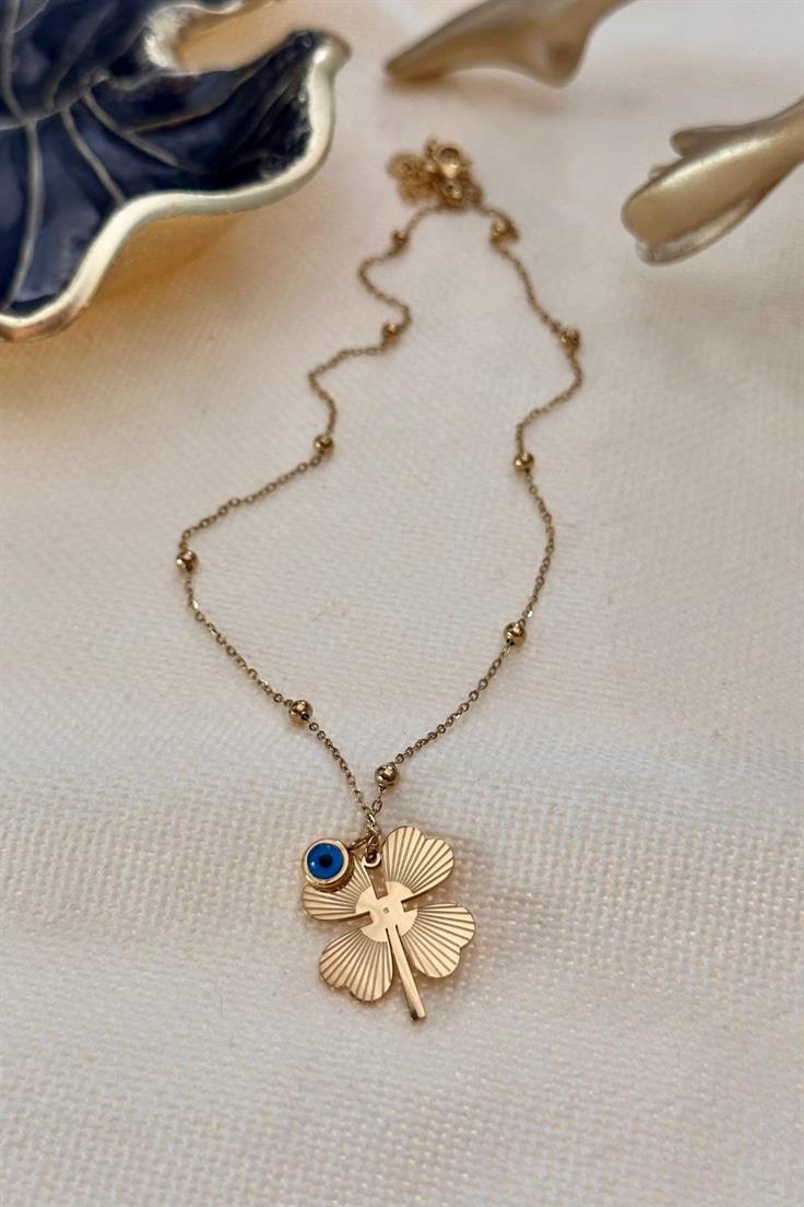 Çelik Lazer Kesimli Nazar Detaylı Yonca Kolye