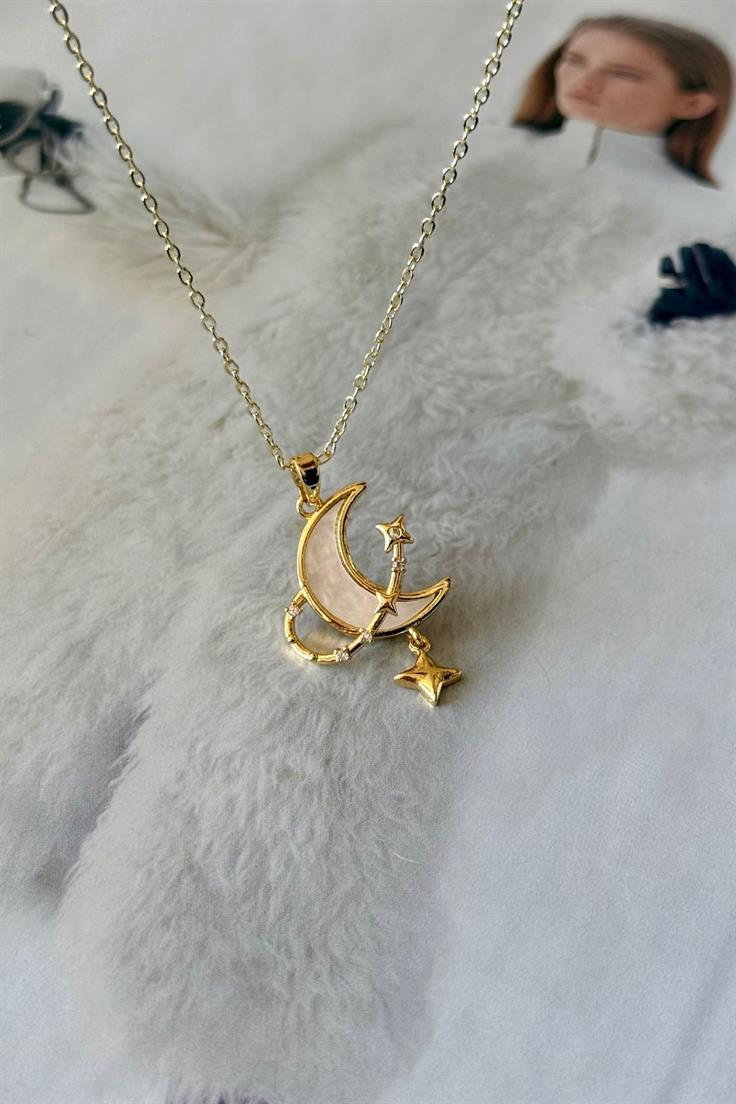 Çelik Opal Taşlı Ay ve Kutup Figürlü Kolye