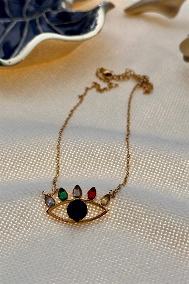 Çelik Renkli Zirkon Taşlı Göz Kolye