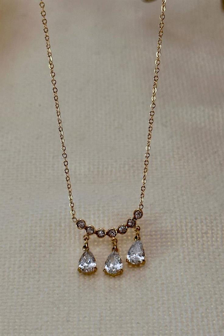 Çelik Üç Damla Taşlı Kolye