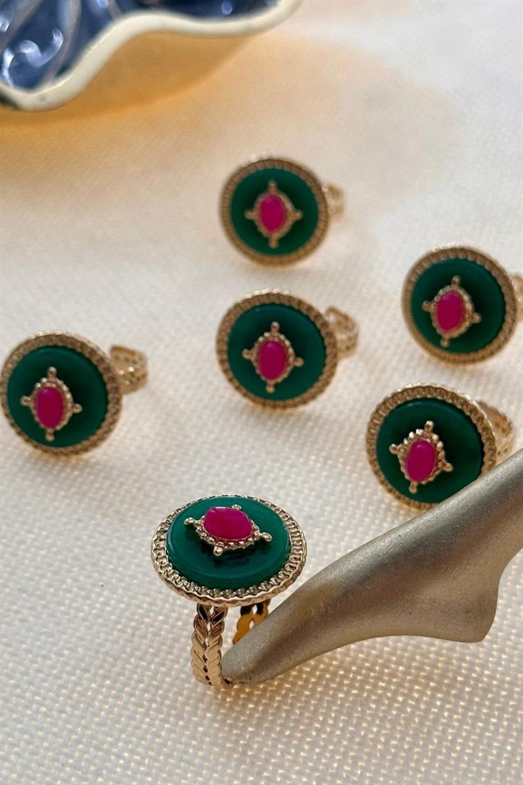 Çelik Yeşil ve Pembe Taşlı Yüzük