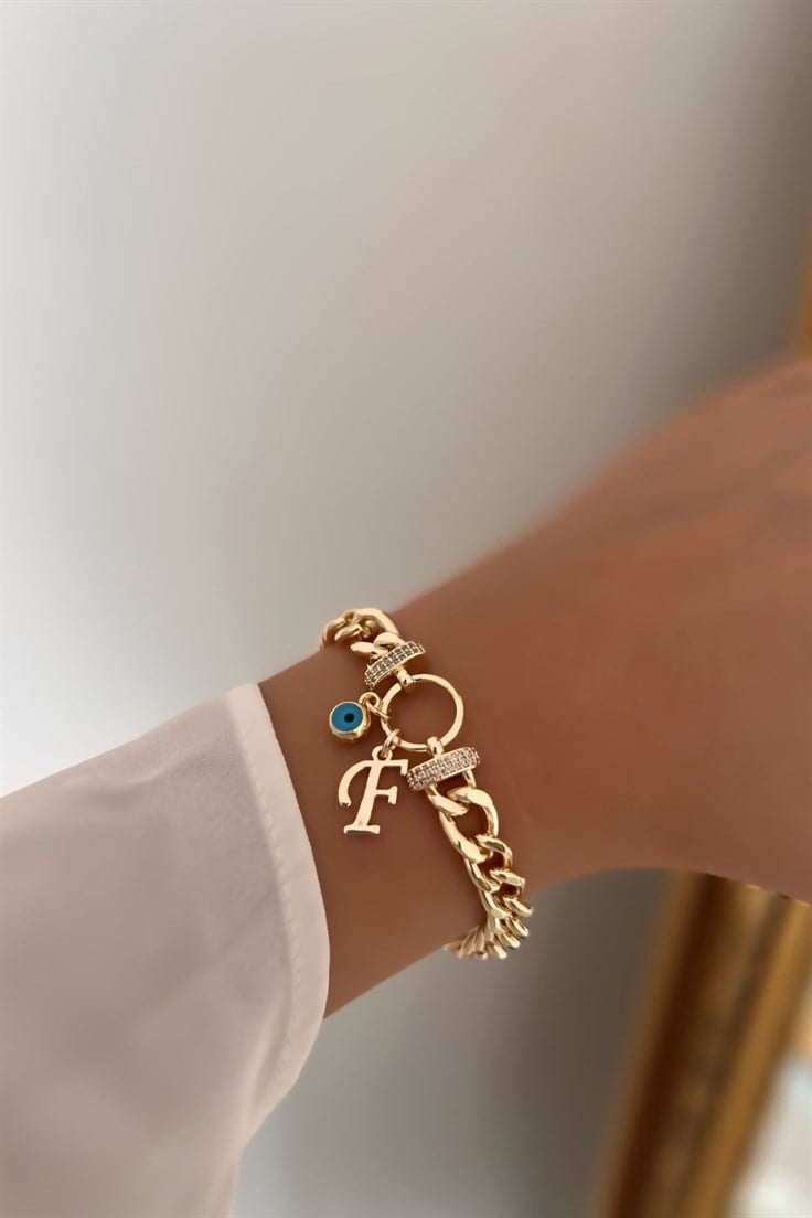 F Harfli ve Nazar Sallantılı Zirkon Taşlı Halka Bileklik Gold