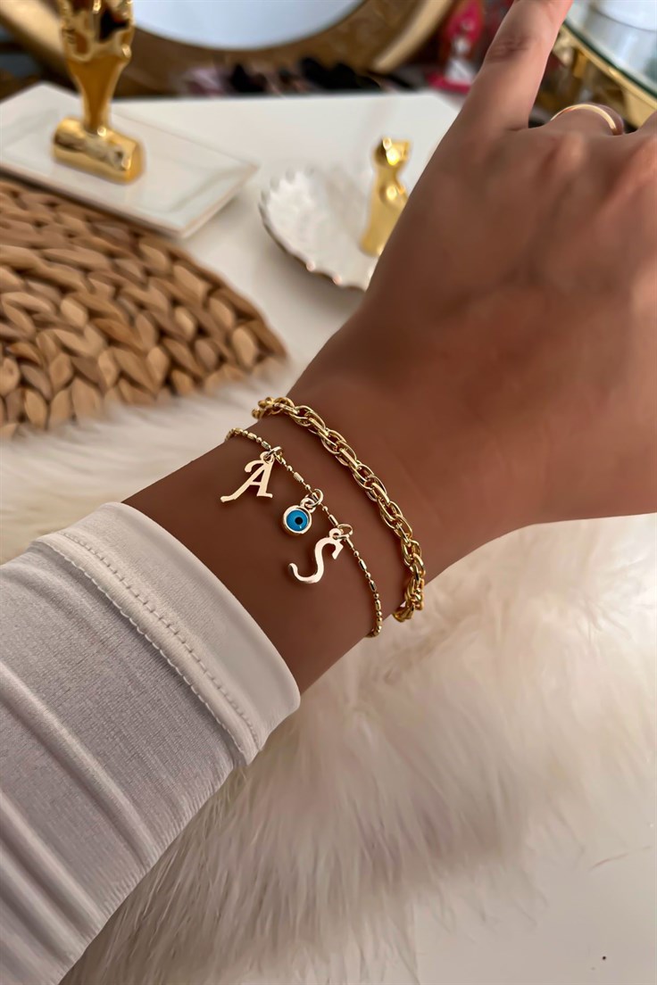 İki Harfli İkili Zincir Bileklik 40 Gold