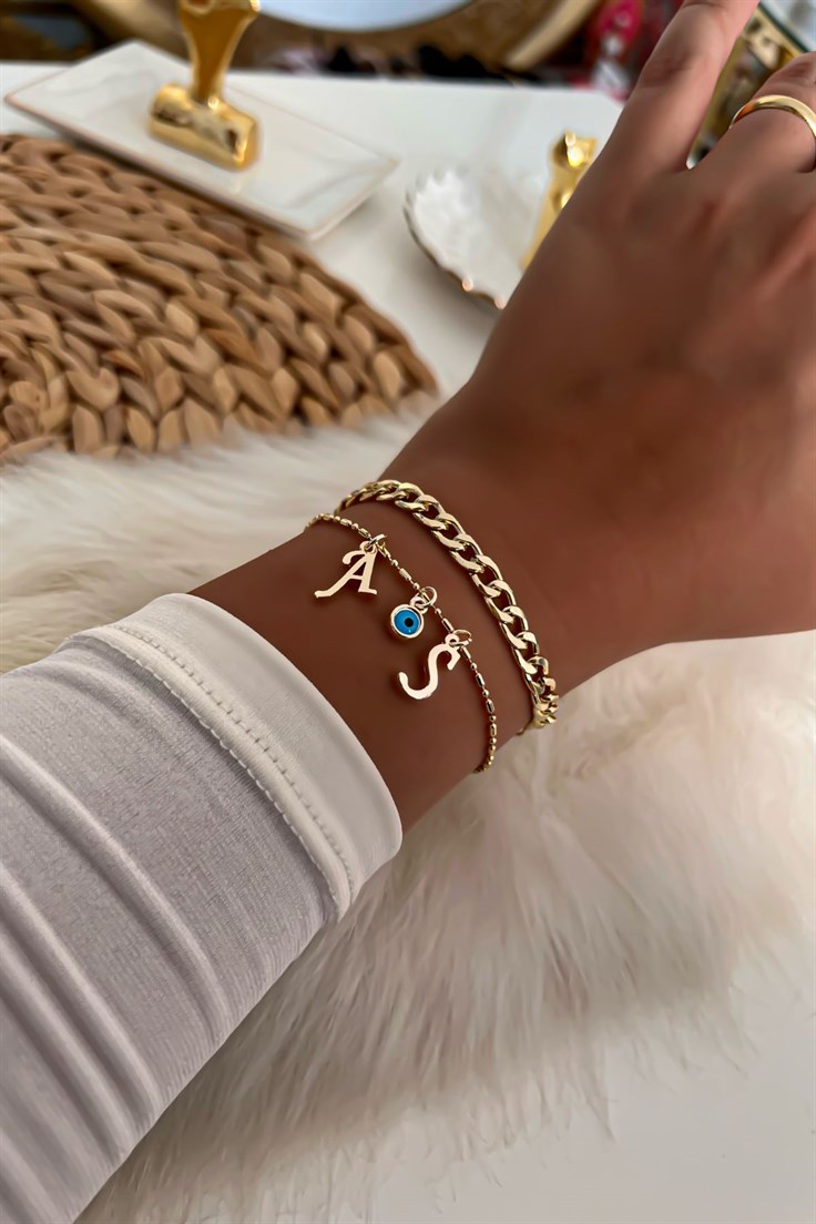 İki Harfli İkili Zincir Bileklik 41 Gold