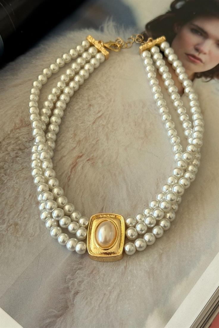 İnci Sıralı Gold Detaylı Choker