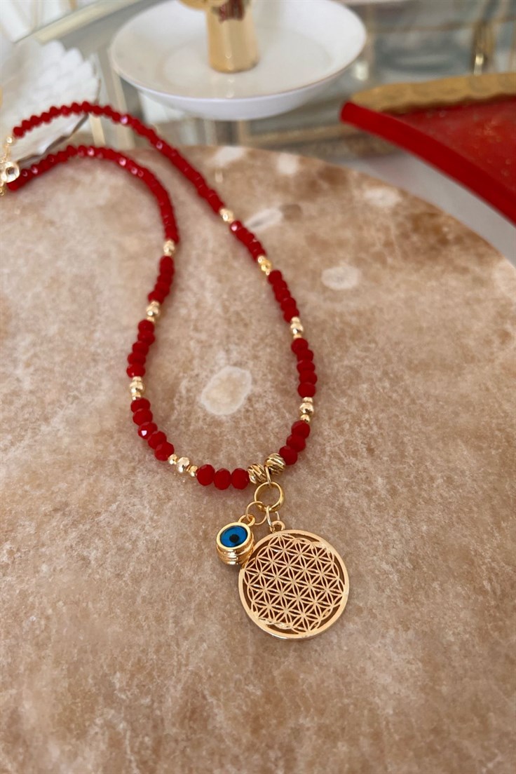 Kırmızı Kristal Boncuklu Yaşam Çiçeği Kolye Gold