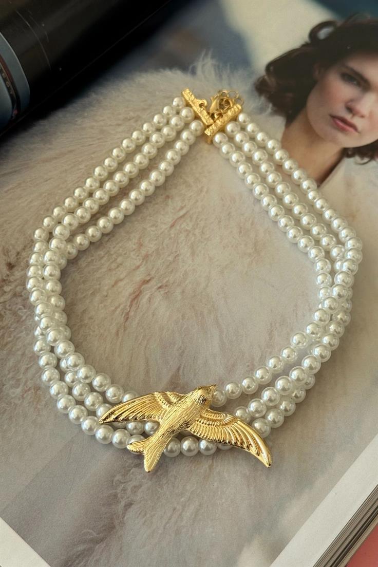 Kuş Figürlü İnci Sıralı Choker