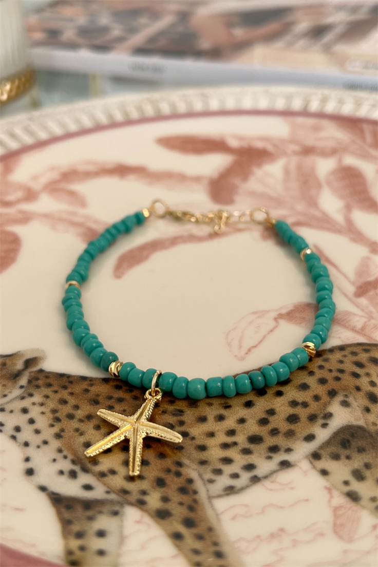 Mavi Boncuklu Deniz Yıldızı Sallantılı Halhal Gold