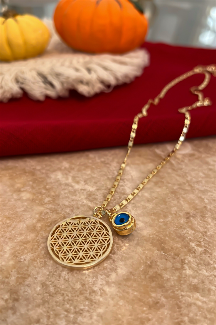 Nazar Detaylı Yaşam Çiçeği Kolye Gold