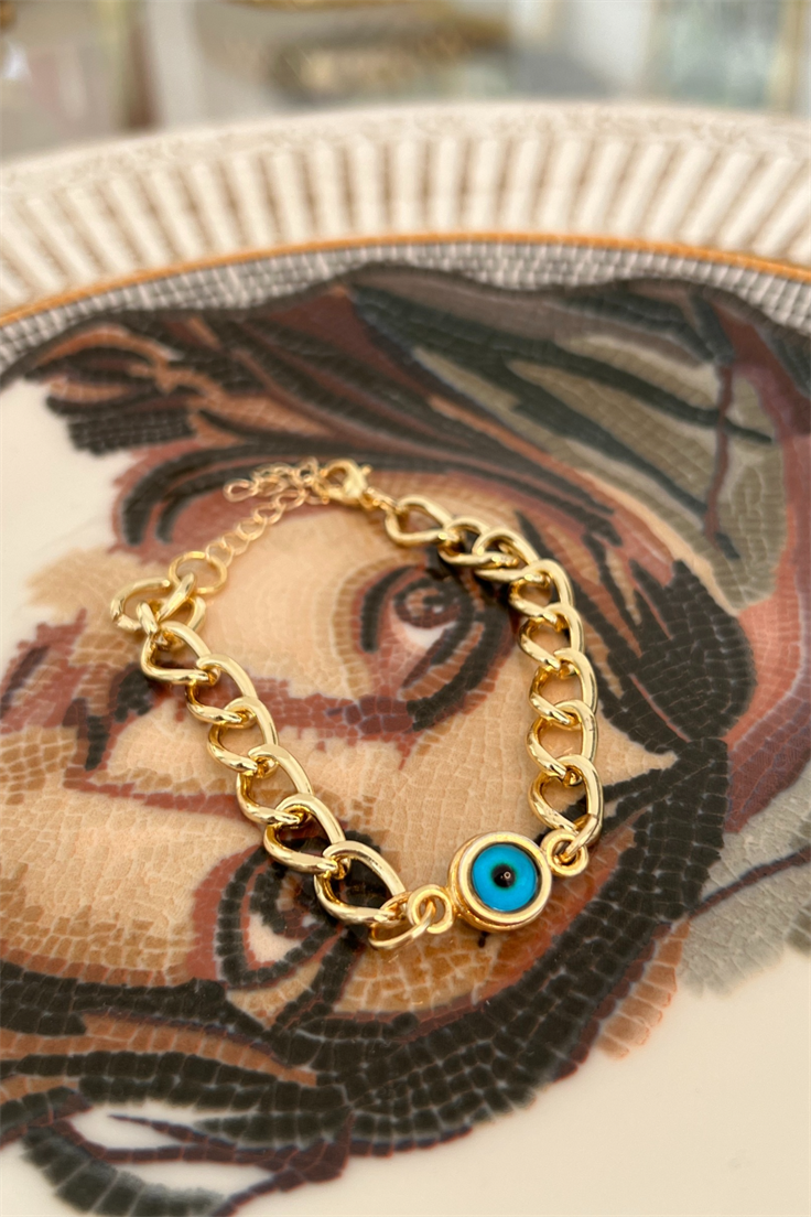 Ortası Nazar Model Zincir Künye Gold