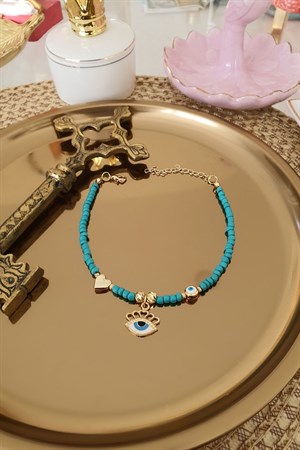 Turkuaz Boncuklu Kalp, Göz ve Nazar Aparatlı Halhal Gold