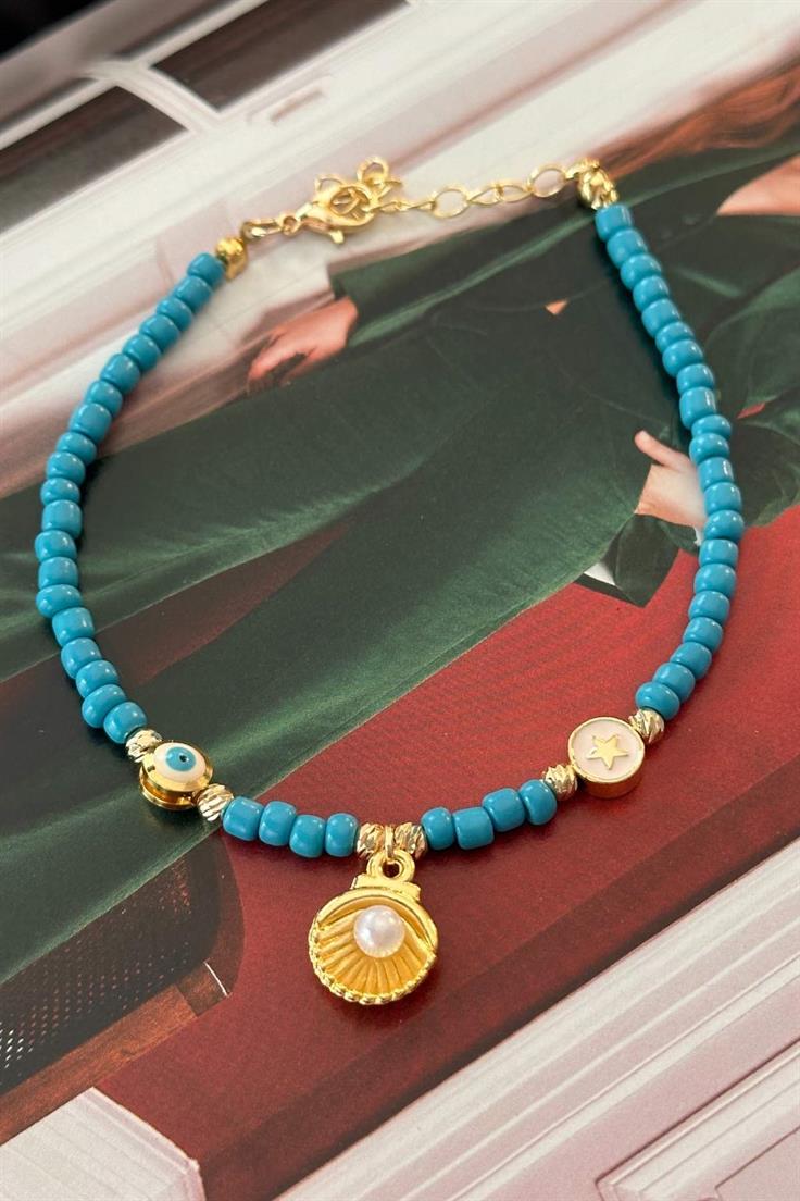 Turkuaz Boncuklu Yıldız, İnci Midye ve Nazar Aparatlı Halhal