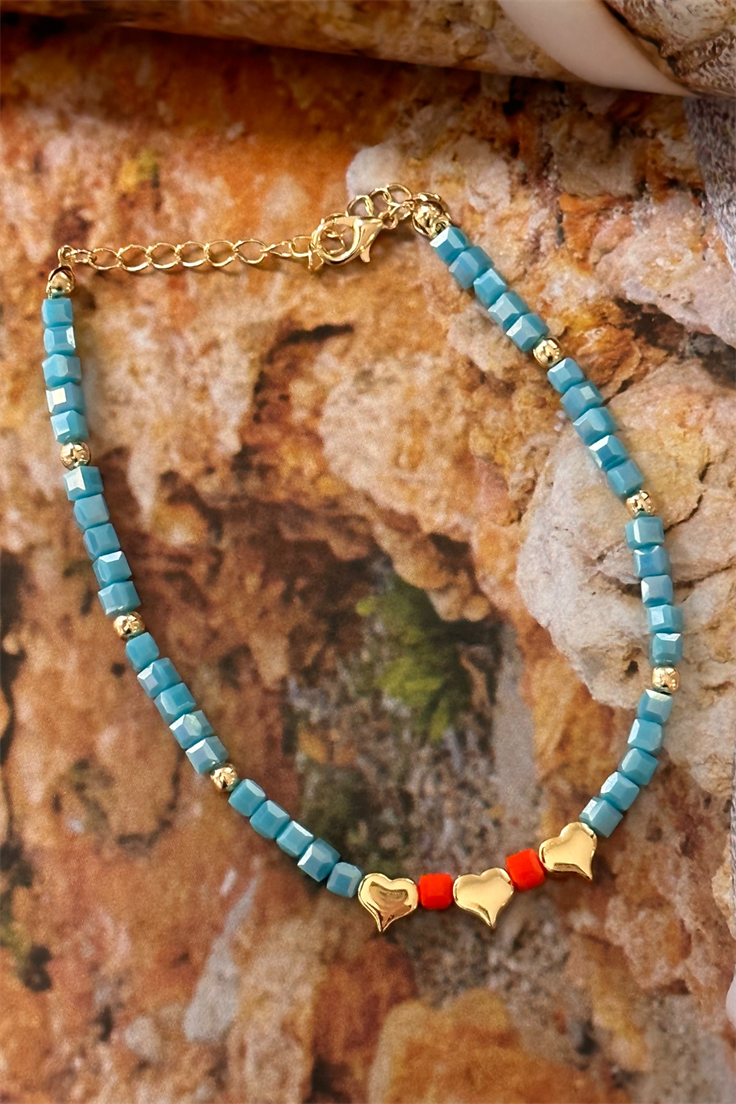 Üç Kalpli Turuncu ve Turkuaz Boncuklu Halhal