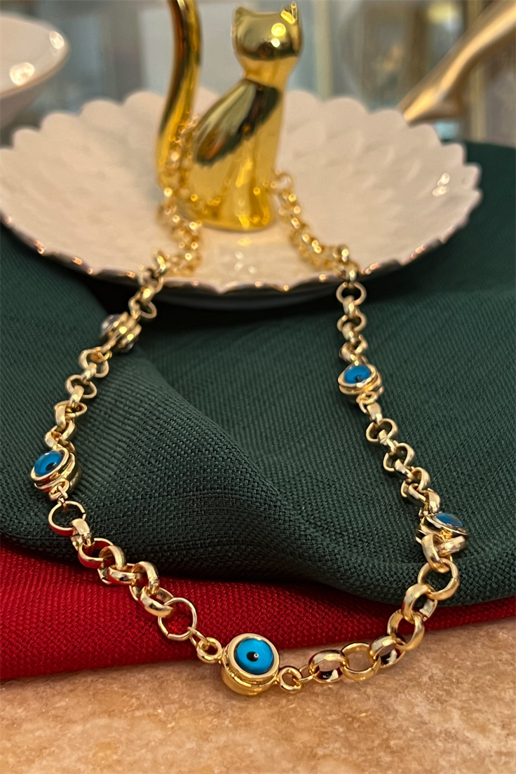 Zincir Model Nostalji Nazar Detaylı Kolye Gold