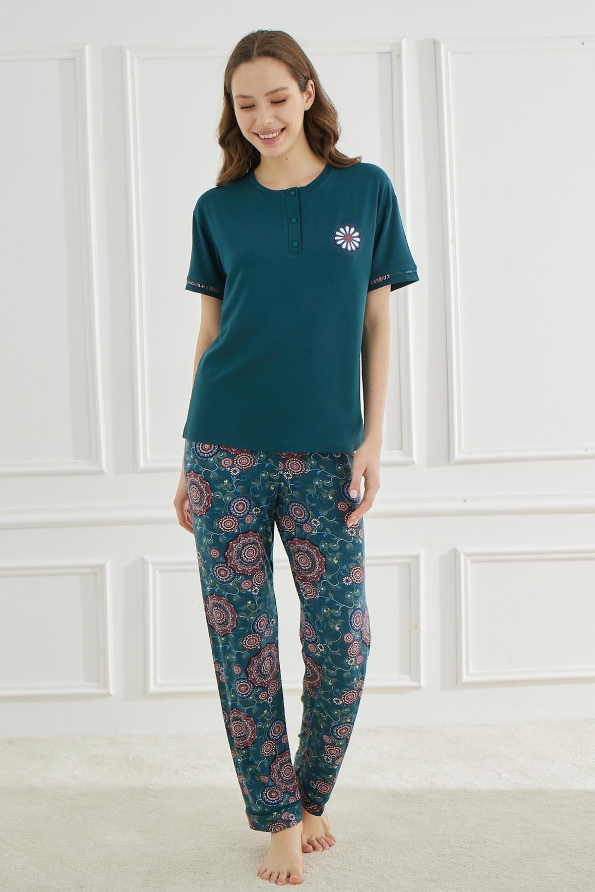 Ethnic Patterns Petrol Kısakol Kadın Pijama Takımı