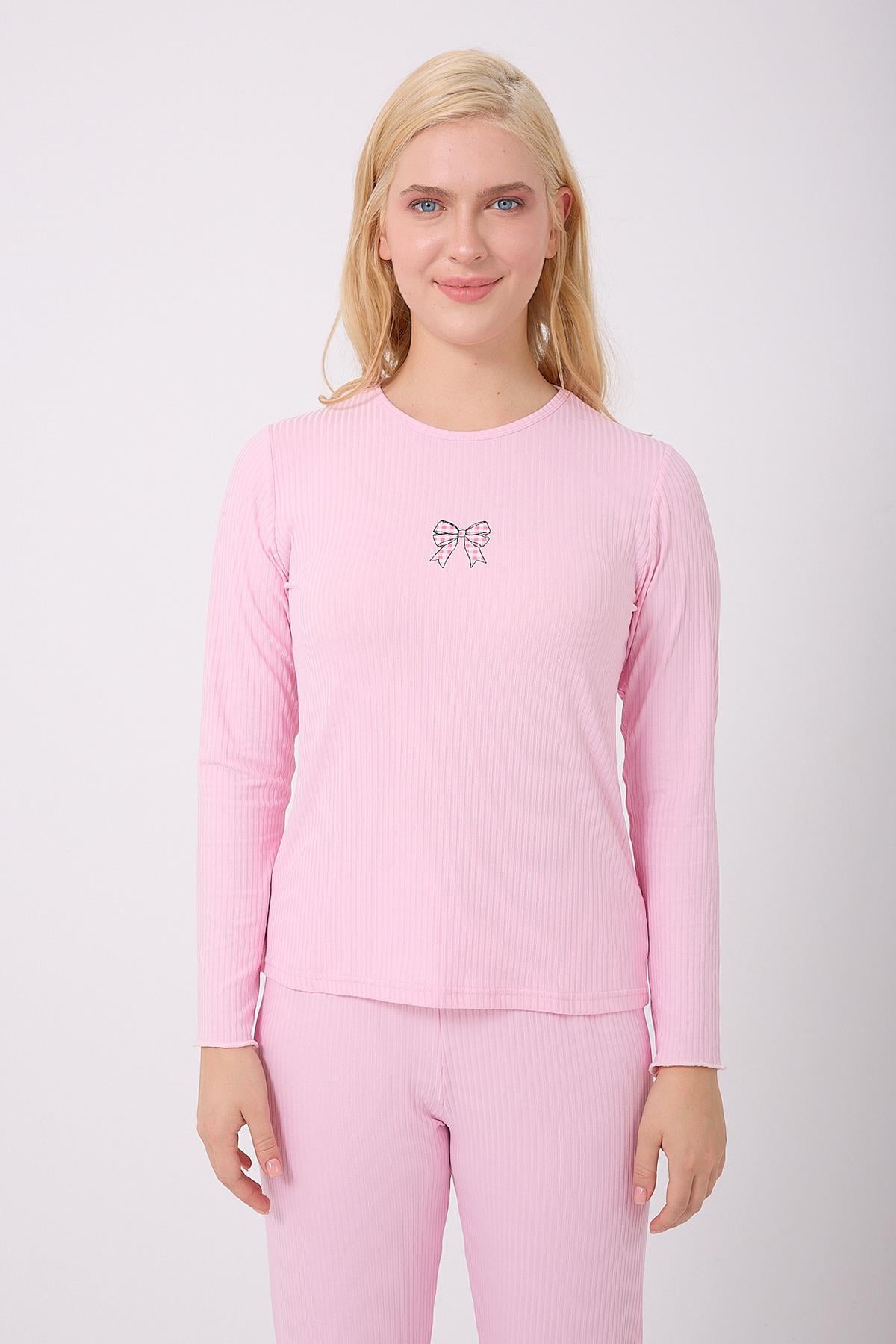 Peggy Dennis Detay İnce Slim Uzunkol Kadın Pembe Pijama Takımı
