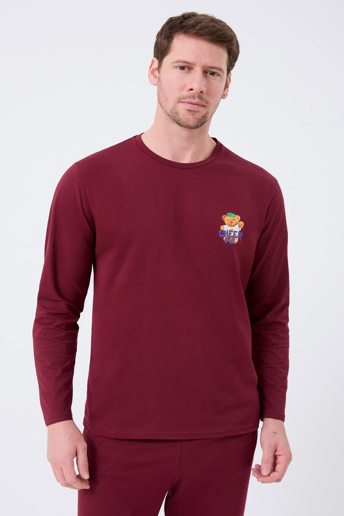 Rodfrey Linden %100 Pamuk Uzunkol Erkek Bordo Pijama Takımı