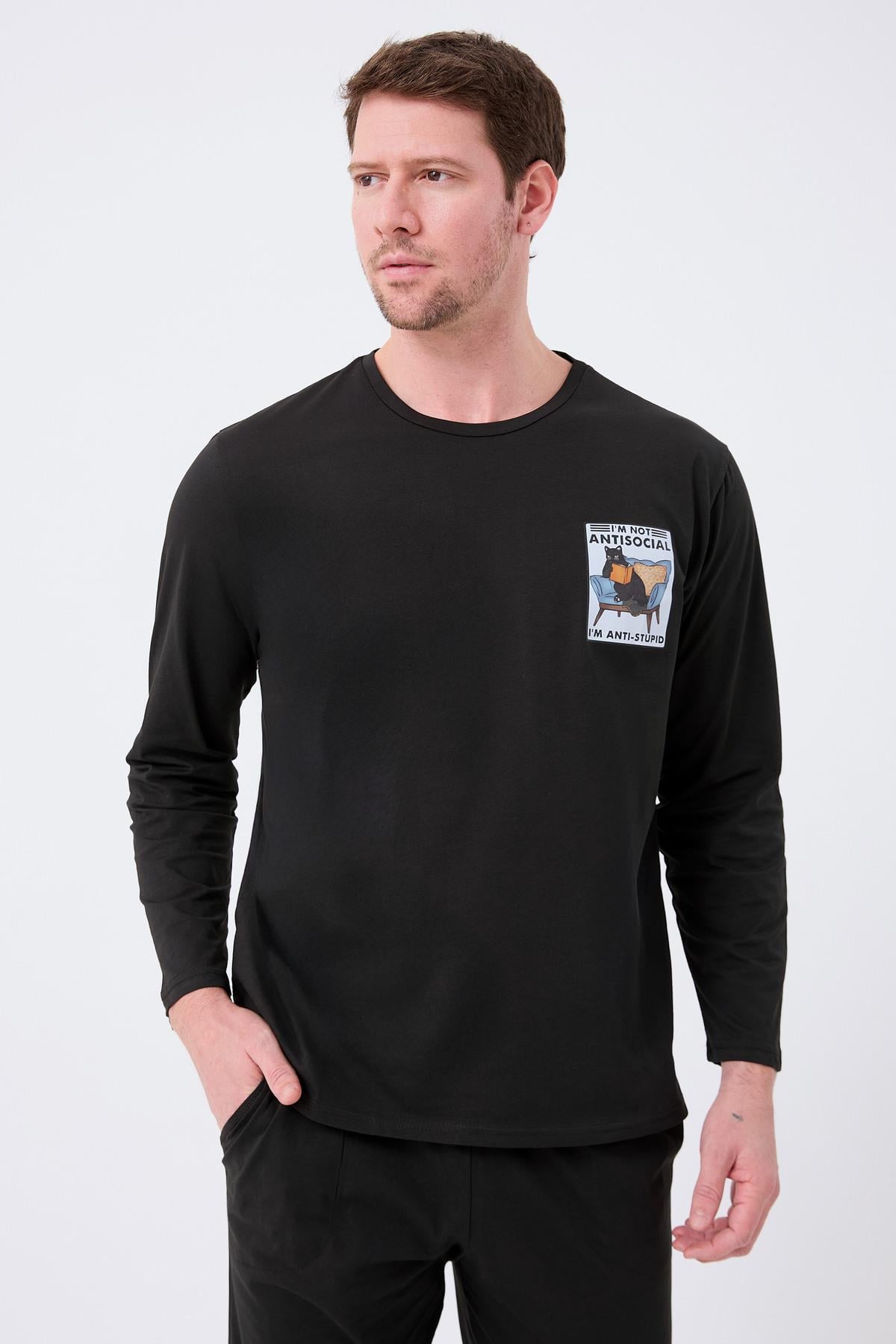 Rodfrey Linden %100 Pamuk Uzunkol Erkek Siyah Pijama Takımı