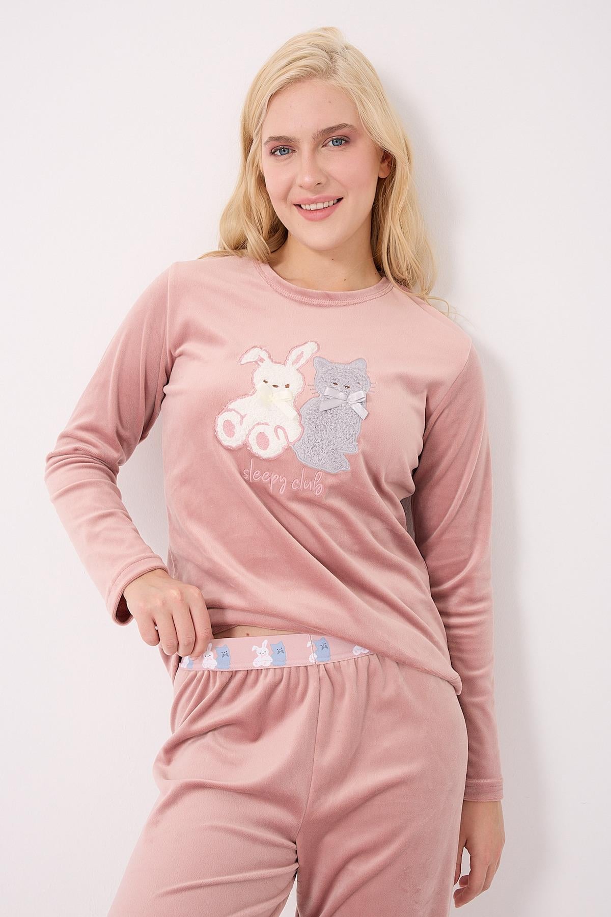 Stella Lauren Kadife Uzunkol Kadın Pudra Pijama Takımı