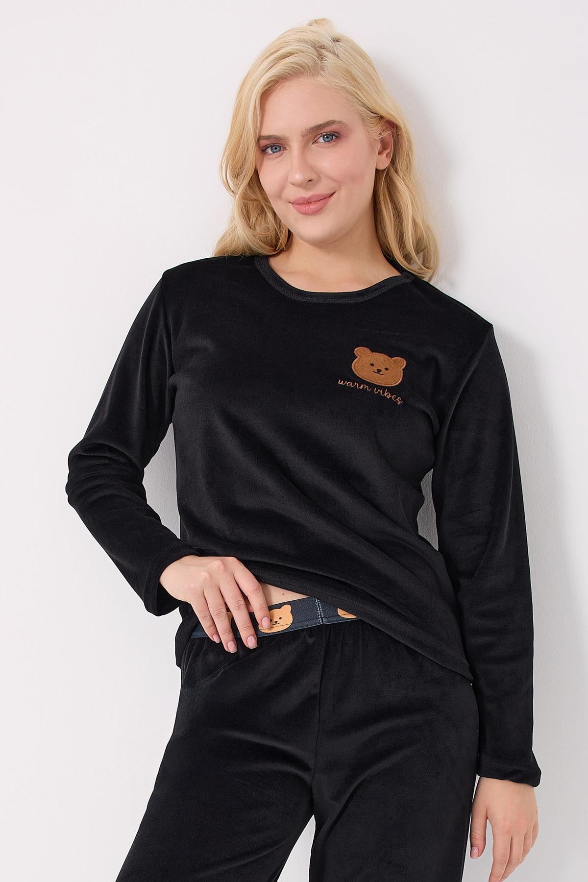 Stella Lauren Kadife Uzunkol Kadın Siyah Pijama Takımı