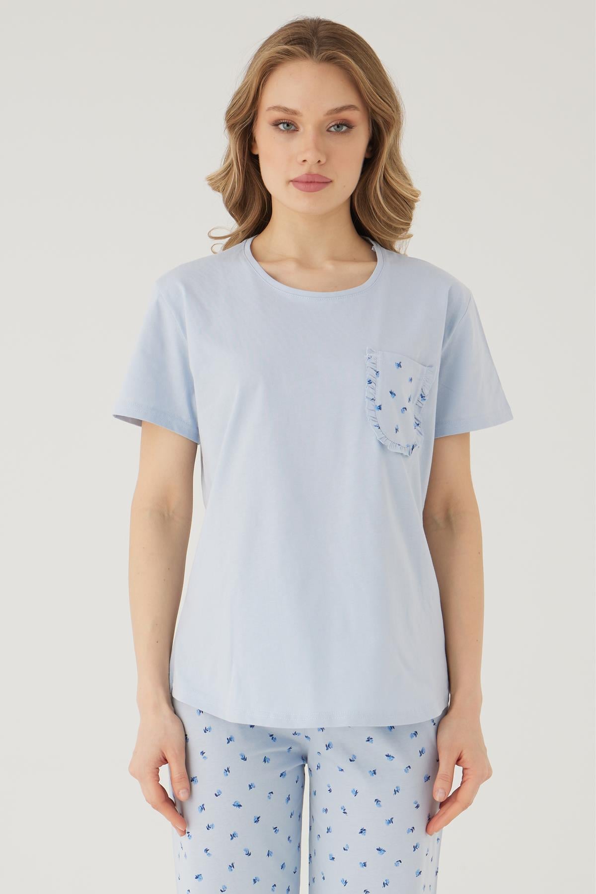 Wishes Comfort Kısakol %100 Pamuk Kadın Mavi Pijama Takımı