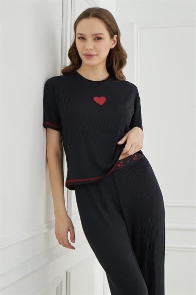 Cute Shapes Detay Kısakol Kadın Siyah Pijama Takımı