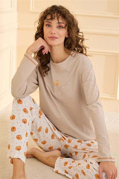 Katebush %100 Pamuk Uzunkol Kadın Bej Pijama Takımı