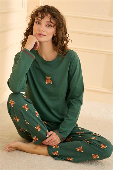 Katebush %100 Pamuk Uzunkol Kadın Yeşil Pijama Takımı