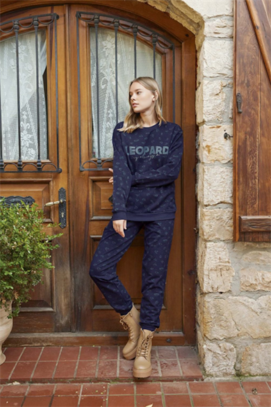 Navy Blue Leopard Pamuklu Pijama Takımı
