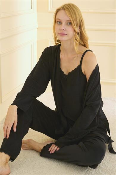 Premium Soft Kadife 3 Lü Sabahlıklı Kadın Siyah Pijama Takımı