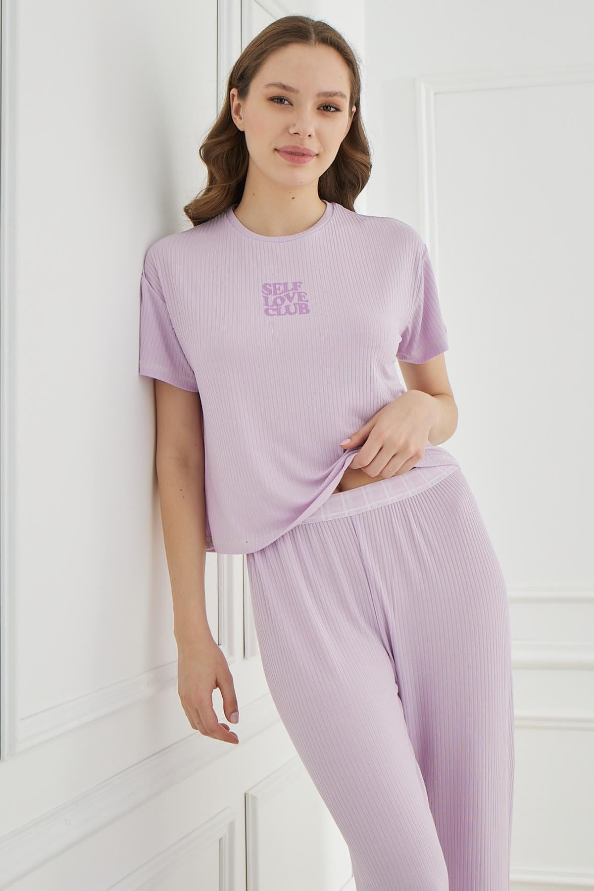 Cute Shapes Detay Kısakol Kadın Lila Pijama Takımı